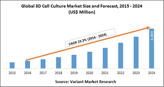 Global 3D Cell Culture Market Market Size and Forecast, 2015 - 2024